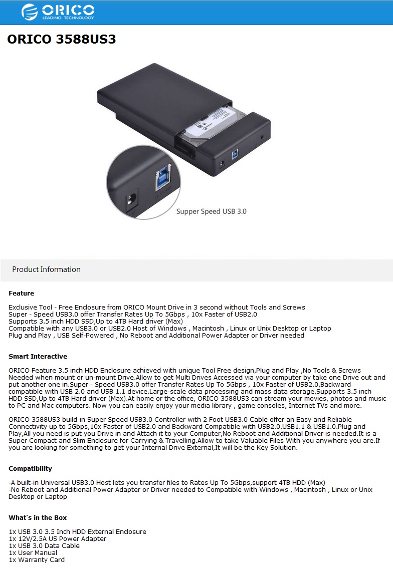 Orico 3588US3-BK 3.5in USB3.0 SATA HDD External Enclosure Black