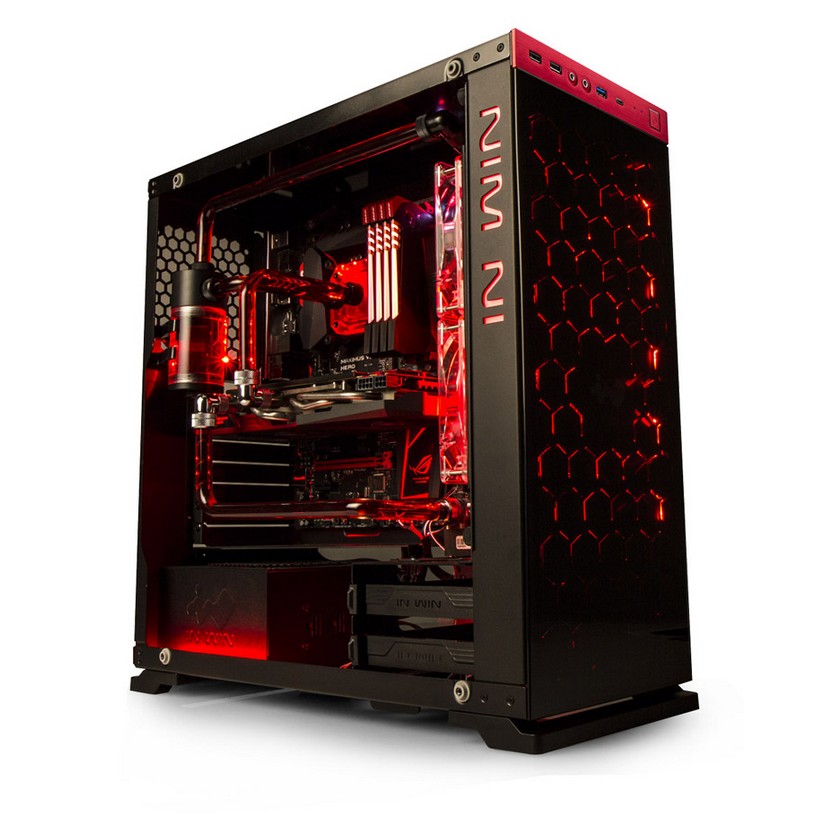 Inwin 805C ATX Mid Tower Aluminum Glass Window Water Cooling Ready, No PSU USB-C (Black/Red) (805C-BLACK-RED)