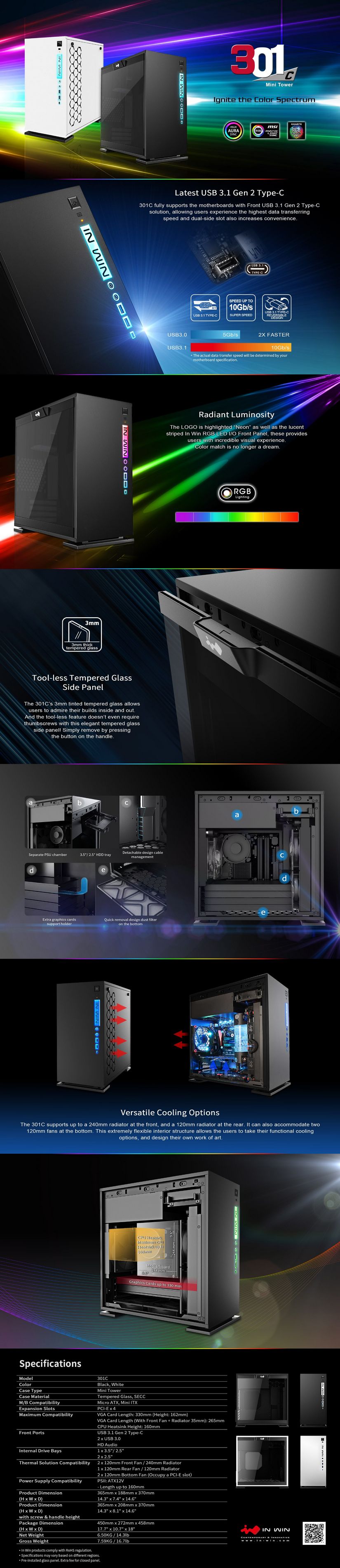 Inwin 301C mATX Case SECC Tempered Glass Side Panel with RGB Front Panel NO PSU - White (301C-WHITE)