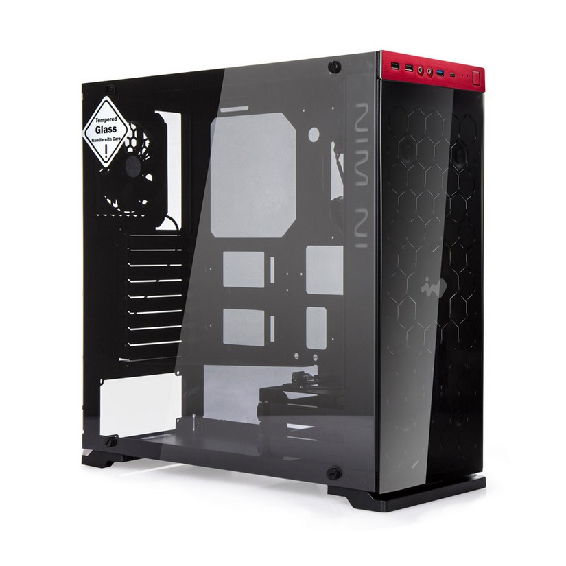 Inwin 805C ATX Mid Tower Aluminum Glass Window Water Cooling Ready, No PSU USB-C (Black/Red) (805C-BLACK-RED)